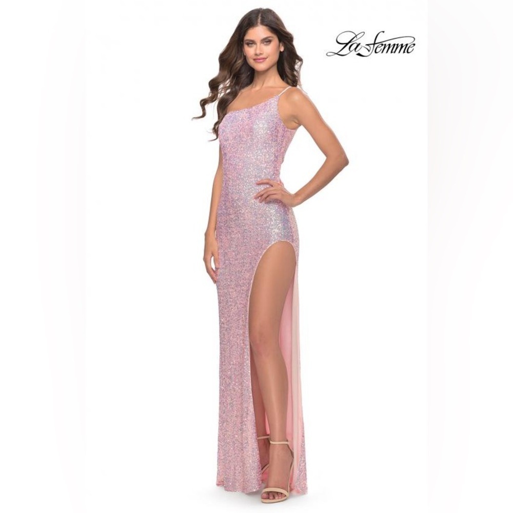 La Femme 31212 One shoulder soft stretch sequin Formal dress high circle slit 4